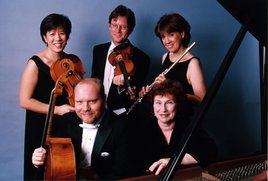 Aspen Ensemble. Instrumentalists from top left: Victoria Chiang, David Perry, and Nadine Asin; from bottom left: Michael Mermagen and Rita Sloan Aspen Ensemble