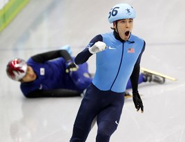 Apolo Anton Ohno of the United States reacts after causing a finish line crash in the men's 500 meter short track speed skating final. (United Press International)