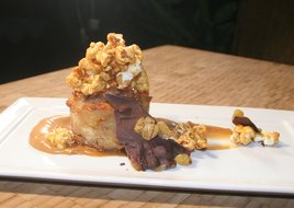 CJ’s caramelized popcorn bread pudding is inspired. caramel popcorn