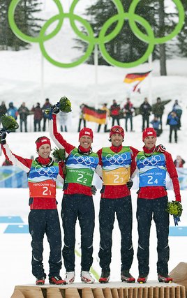 Left to Right:  The USA's Bret Camerota, Todd Lodwick, Johnny Spillane and Bill Demong celebrate winning silver in Nordic Combined Team 4x5 km Relay during Vancouver 2010 Winter Olympics. (United Press International)