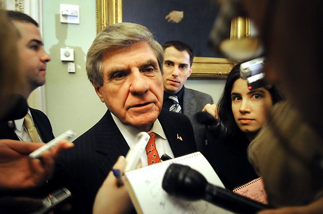 In this file photo from Dec. 8, 2009, Senator Ben Nelson is surrounded by reporters asking questions about the health care debate on Capitol Hill in Washington, D.C. His amendment on abortion funding failed a floor vote late in the day. (Astrid Riecken/The Washington Times)