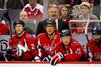 New Washington Capitals Head Coach Dale Hunter watches action with Alex Ovechkin (8), Brooks Laich (21), and Jason Chimera (25) during the first period of his first game as coach against the St. Louis Blues, Washington, DC November 29, 2011. (Andrew Harnik/The Washington Times)