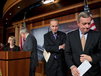 Senate Majority Whip Sen. Richard J. Durbin (above right) leads Sen. Charles E. Schumer, Senate Majority Leader Harry Reid and Sen. Patty Murray out of a news conference after announcing that last-ditch efforts to avert spending cuts had failed. (Associated Press)