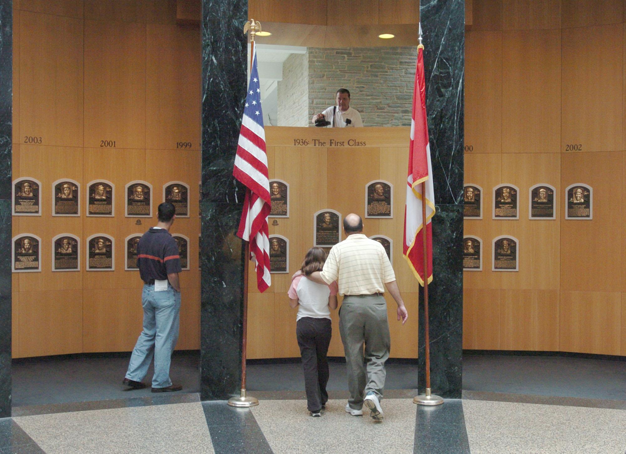 File:Gehrig Robinson Clemente exhibit at Baseball Hall of Fame