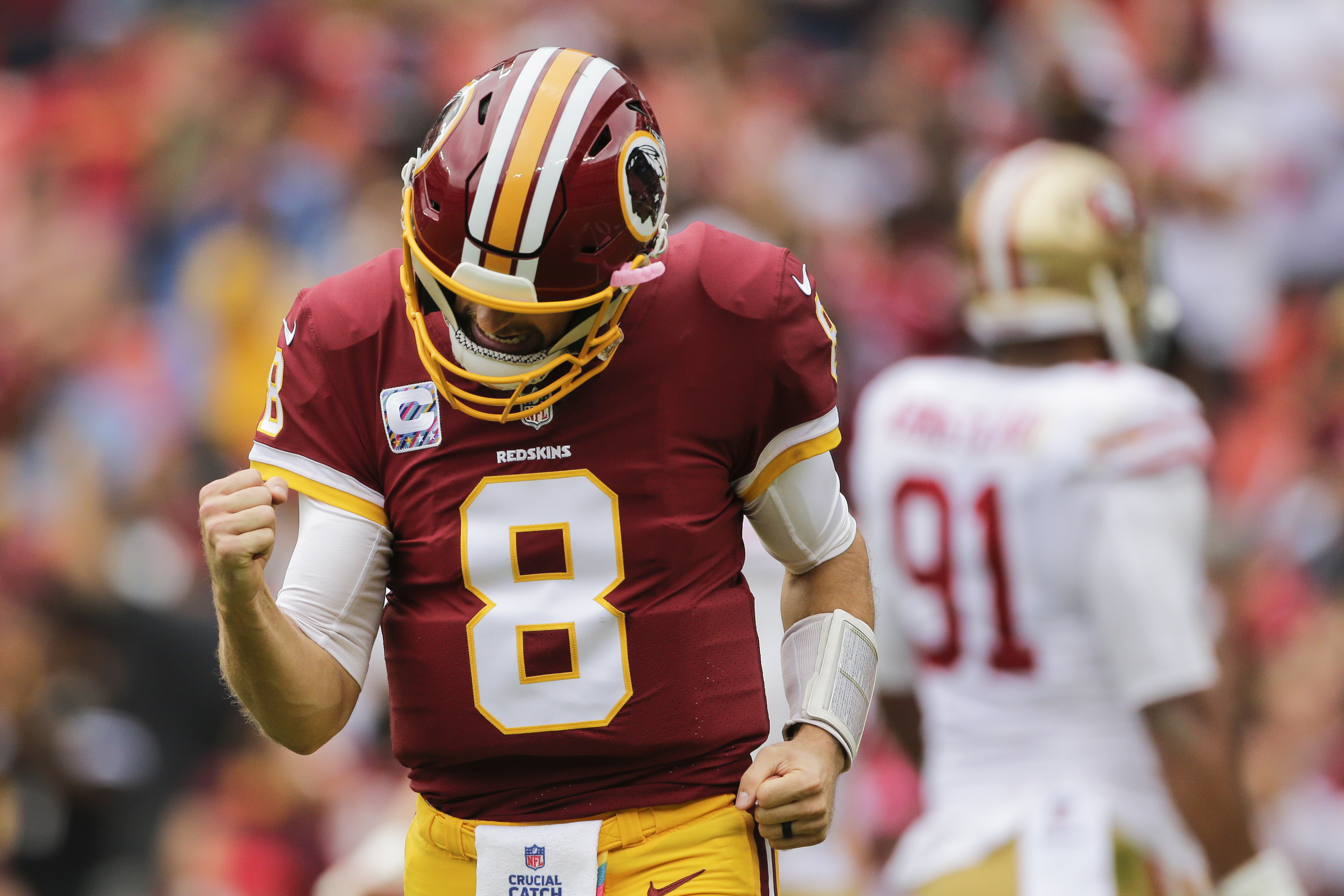 Kirk Cousins' new son Cooper says hello to dad on the sideline