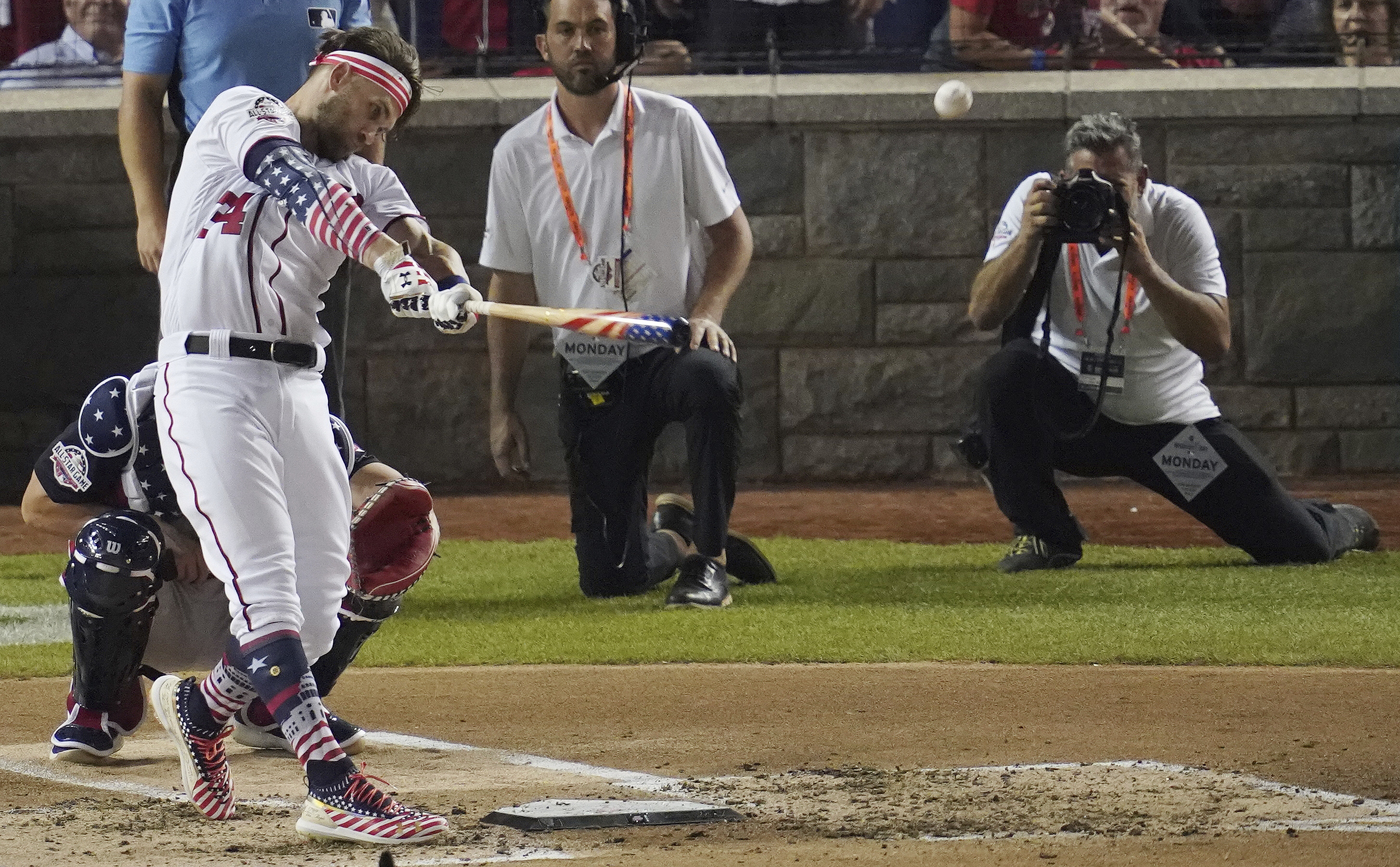 Washington Nationals' Bryce Harper of the National League bats in the 2018  Home Run Derby during the All Star break at Nationals Park in Washington,  D.C. on July 16, 2018. Photo by