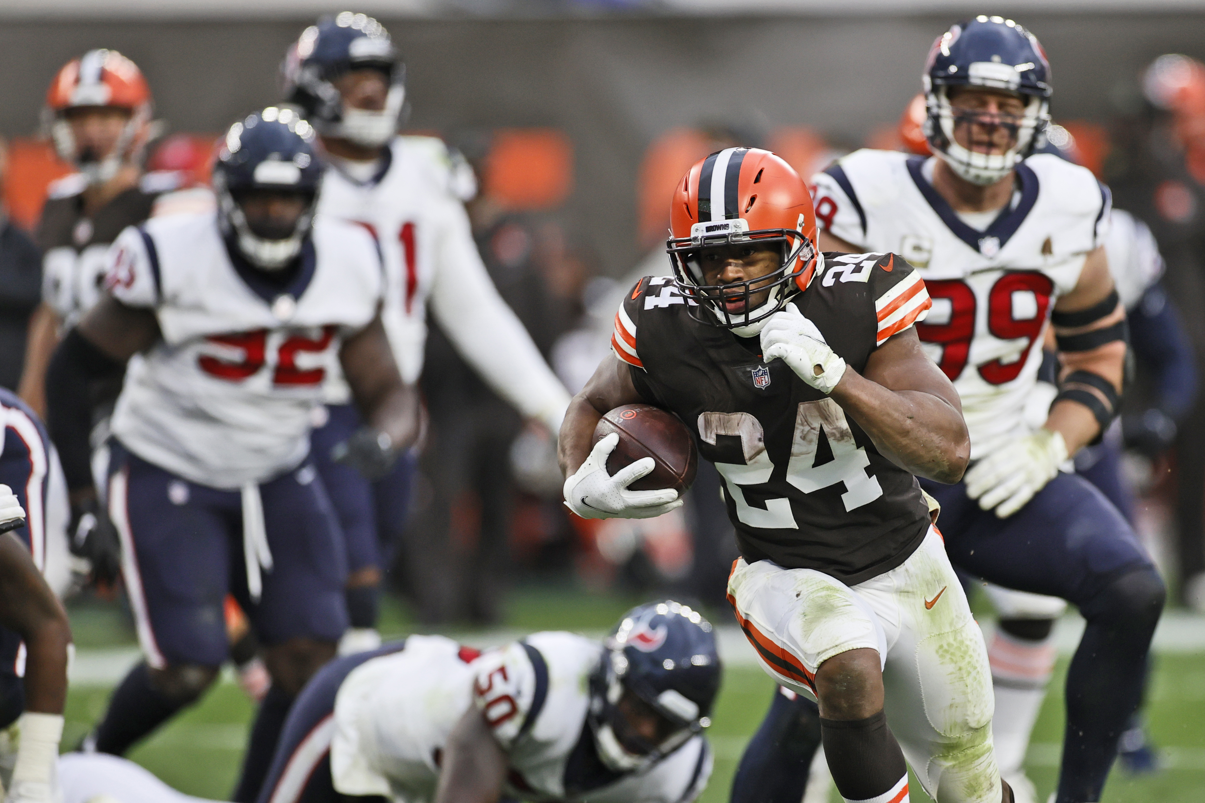 Cleveland Browns running back Nick Chubb (24) rushes during the second half  of an NFL football …