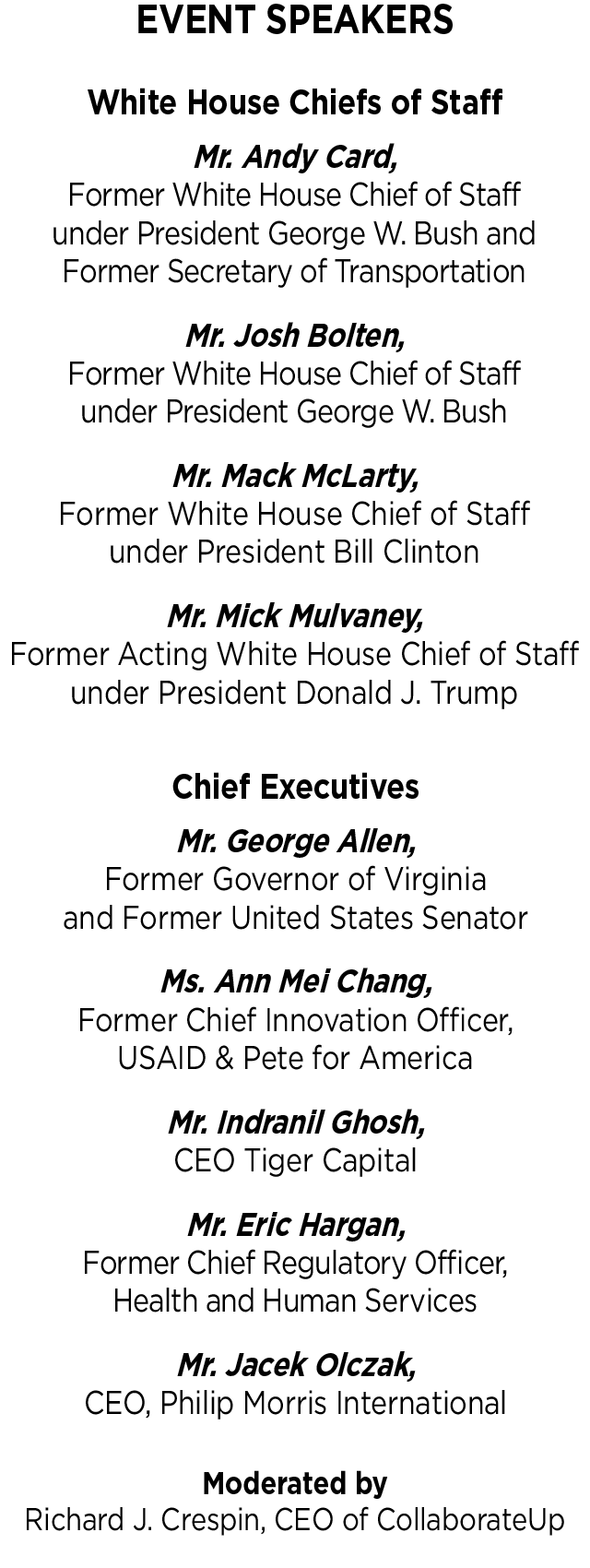 Event Speakers: Former White House Chiefs and Chief Executive Officers