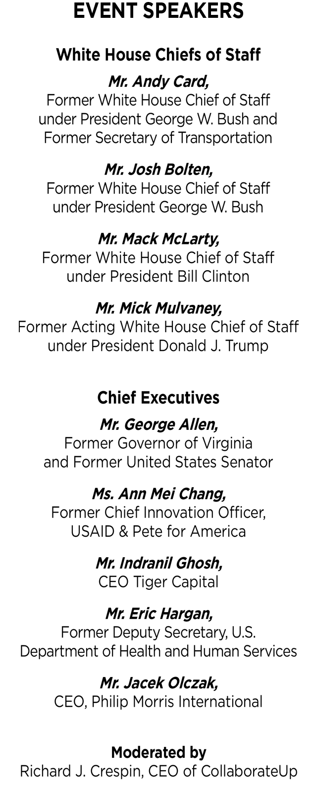 Event Speakers: Former White House Chiefs and Chief Executive Officers