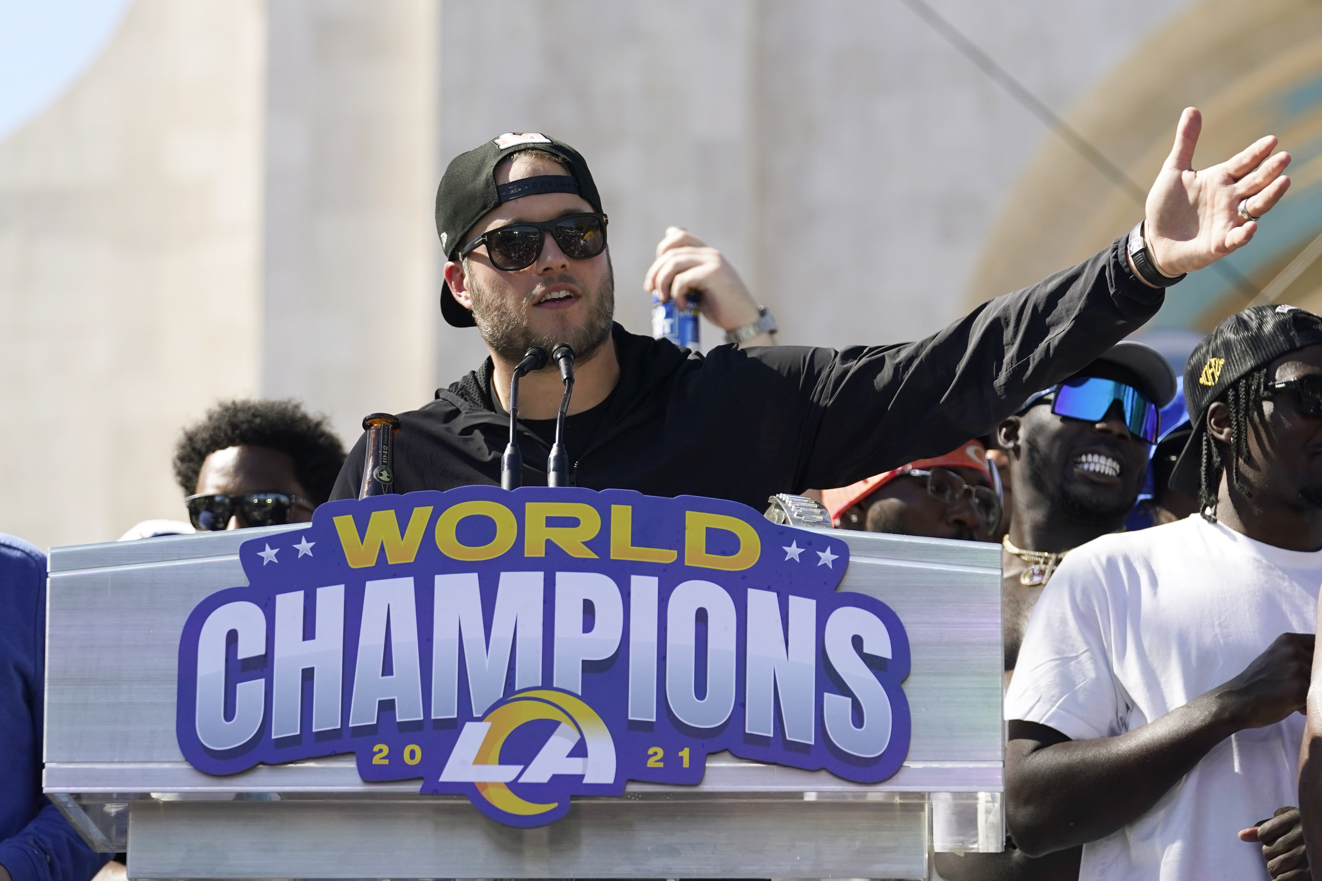 Matthew Stafford apologizes for reaction to photographer who fell off stage  at Rams' Super Bowl parade