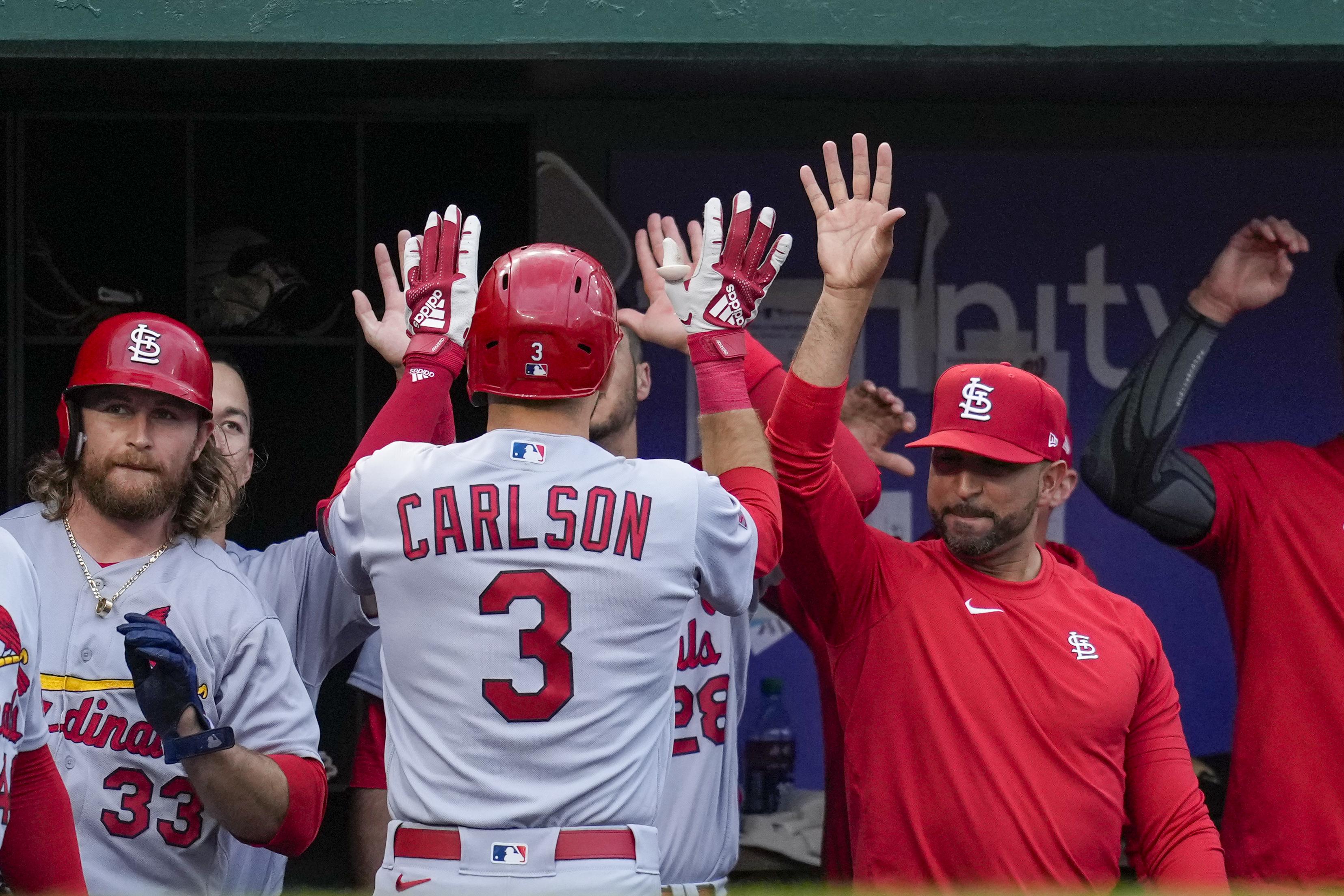 Dylan Carlson of the St. Louis Cardinals yells after striking out