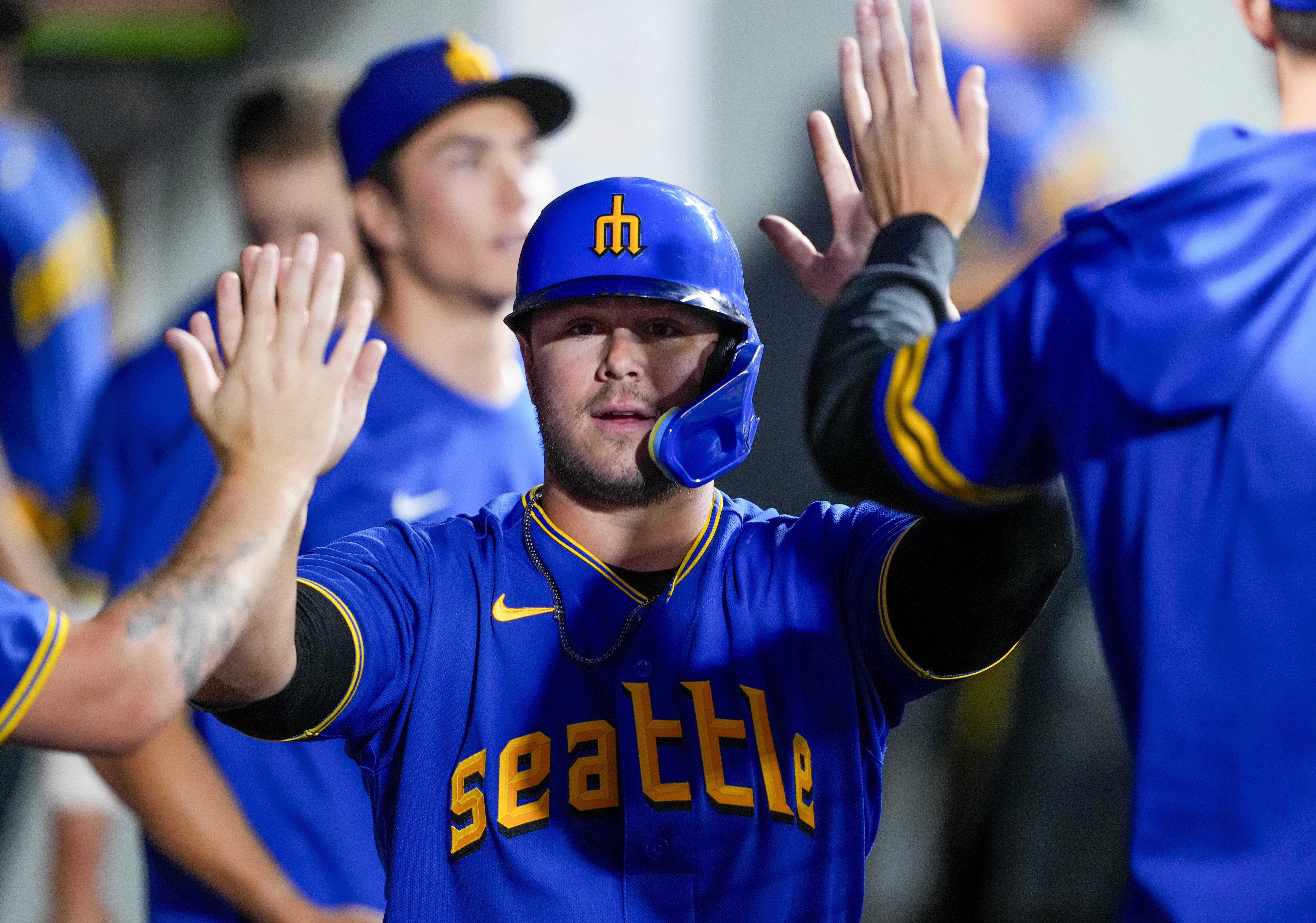 Teoscar Hernandez of the Seattle Mariners celebrates a run against the  Washington Nationals during the fifth inning at T-Mobile Park on June 26,  2023, in Seattle, Washington., National Sports