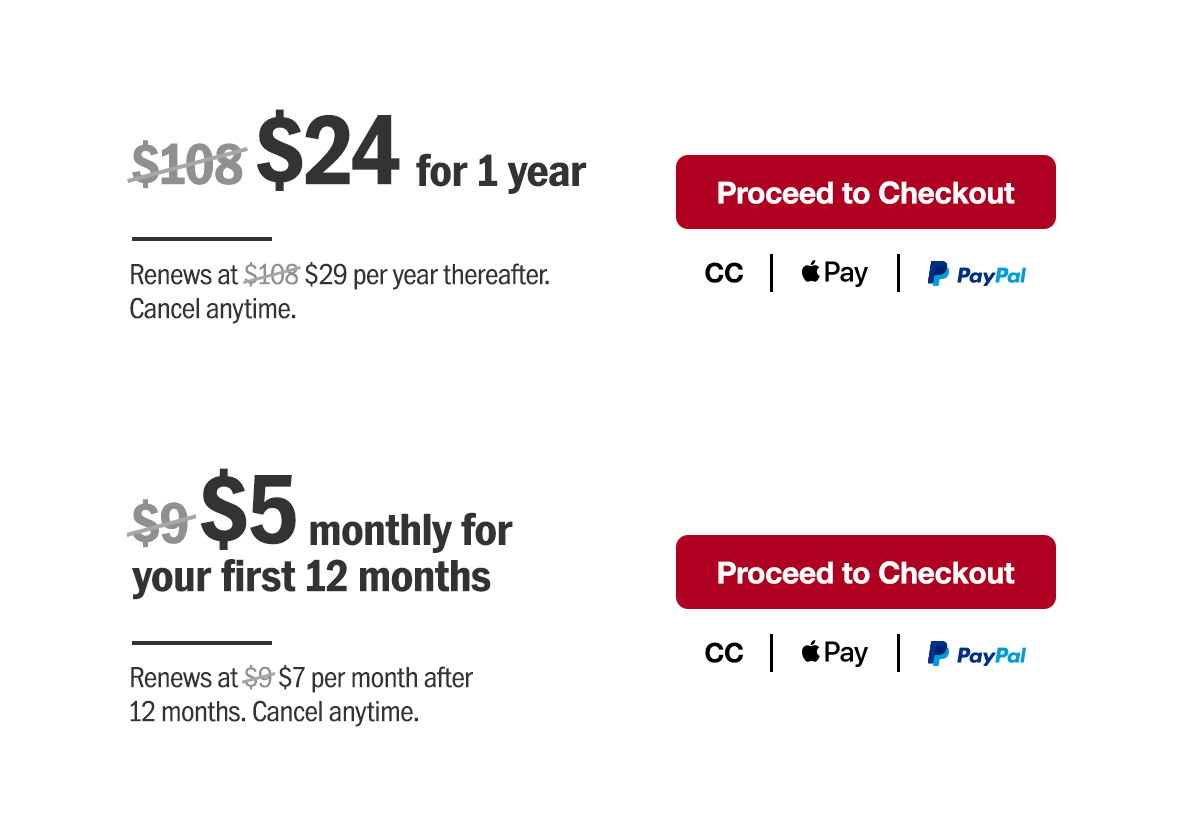 $24 for 1 year. Renews at $29 per year thereafter. Or $5 monthly for the first 12 months. Renews at $7 per month after 12 months. No commitment. Cancel anytime. Proceed to checkout.