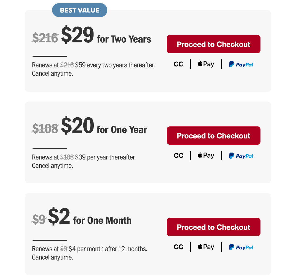 $29 for two years. Renews at $59 every two years thereafter. Or $20 for one year. Renews at $39 per year thereafter. Or $2 for one month. Renews at $4 per month after 12 months. Cancel anytime. Proceed to checkout.