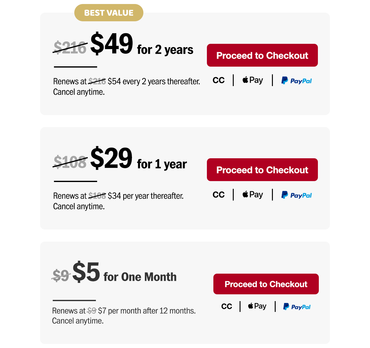 $49 for two years. Renews at $54 every two years thereafter. Or $29 for one year. Renews at $34 per year thereafter. Or $5 for one month. Renews at $7 per month after 12 months. Cancel anytime. Proceed to checkout.