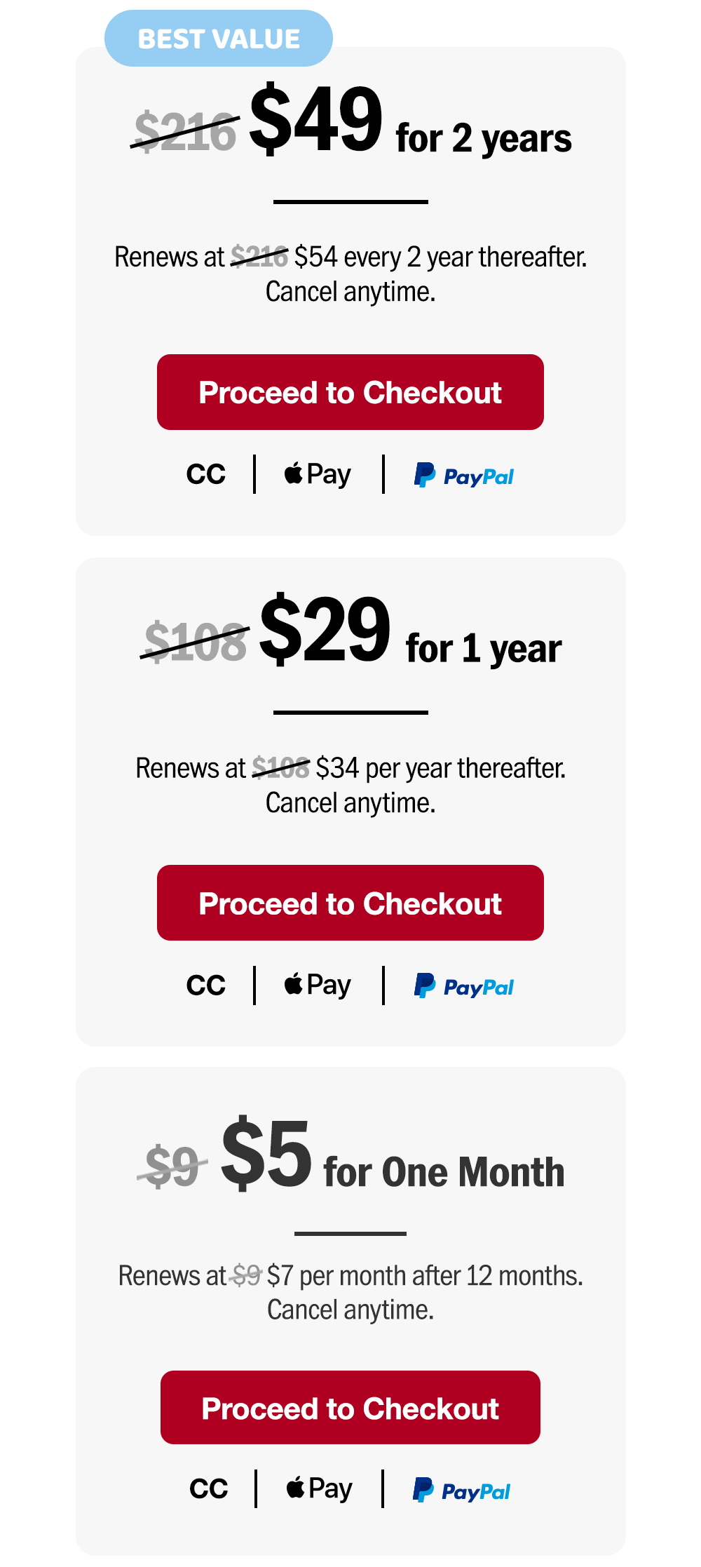 $49 for two years. Renews at $54 every two years thereafter. Or $29 for one year. Renews at $34 per year thereafter. Or $5 for one month. Renews at $7 per month after 12 months. Cancel anytime. Proceed to checkout.