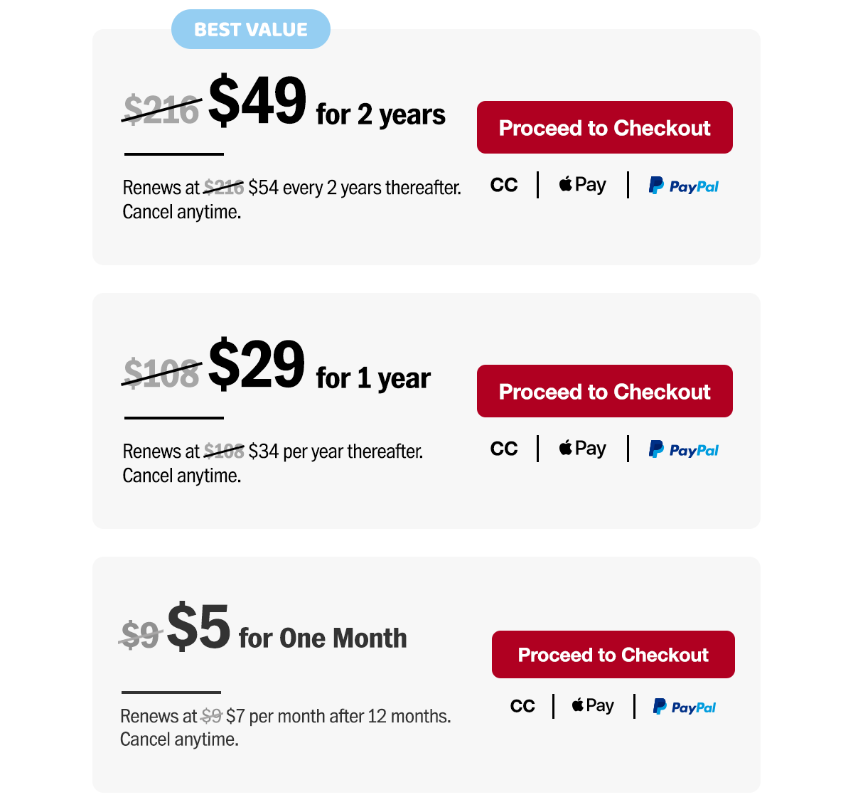 $49 for two years. Renews at $54 every two years thereafter. Or $29 for one year. Renews at $34 per year thereafter. Or $5 for one month. Renews at $7 per month after 12 months. Cancel anytime. Proceed to checkout.