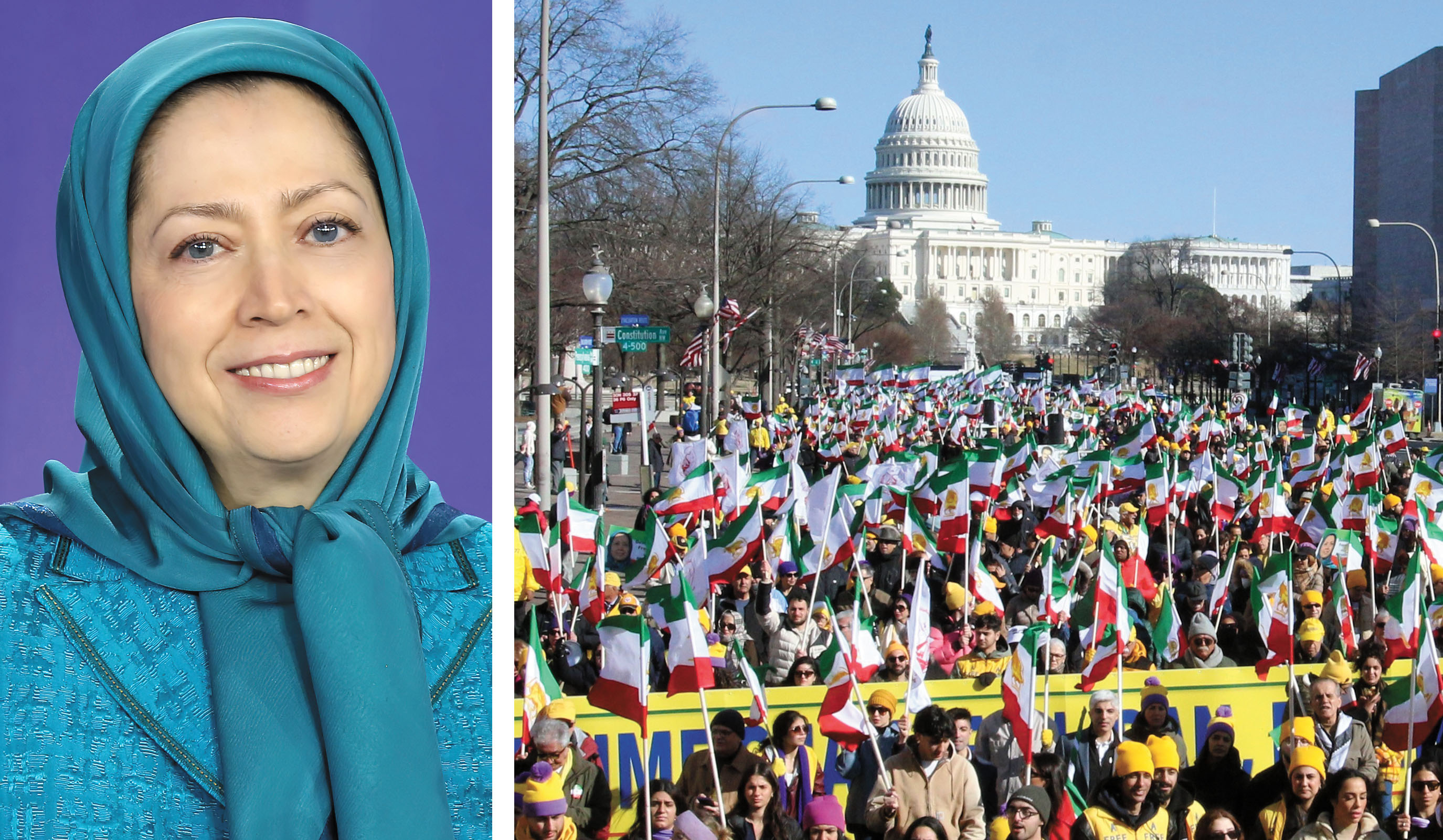 Left: Maryam Rajavi, President-elect of the National Council of Resistance of Iran (NCRI), Right: Thousands of Iranians marched from the U.S. Capitol to the White House on March 8, 2025, to mark International Women’s Day, voice support for Maryam Rajavi’s Ten-point Plan. (sponsored)