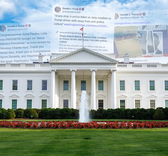Image of the White House with Truth Social posts from President Trump